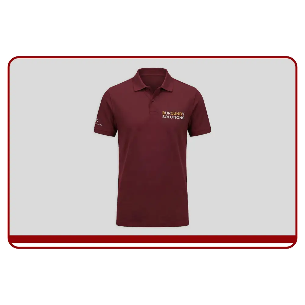 Maroon polo shirt with a logo on a light gray background