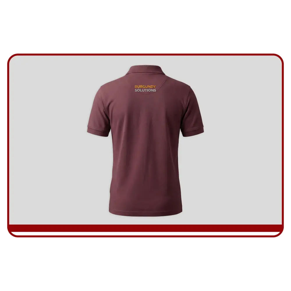 Maroon polo shirt with 'Burgundy Solutions' text on the back against a white background
