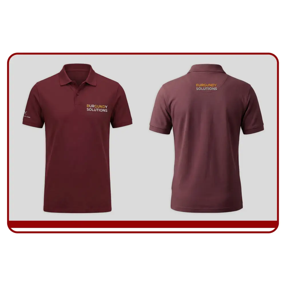 Maroon polo shirt with branding on a light gray background