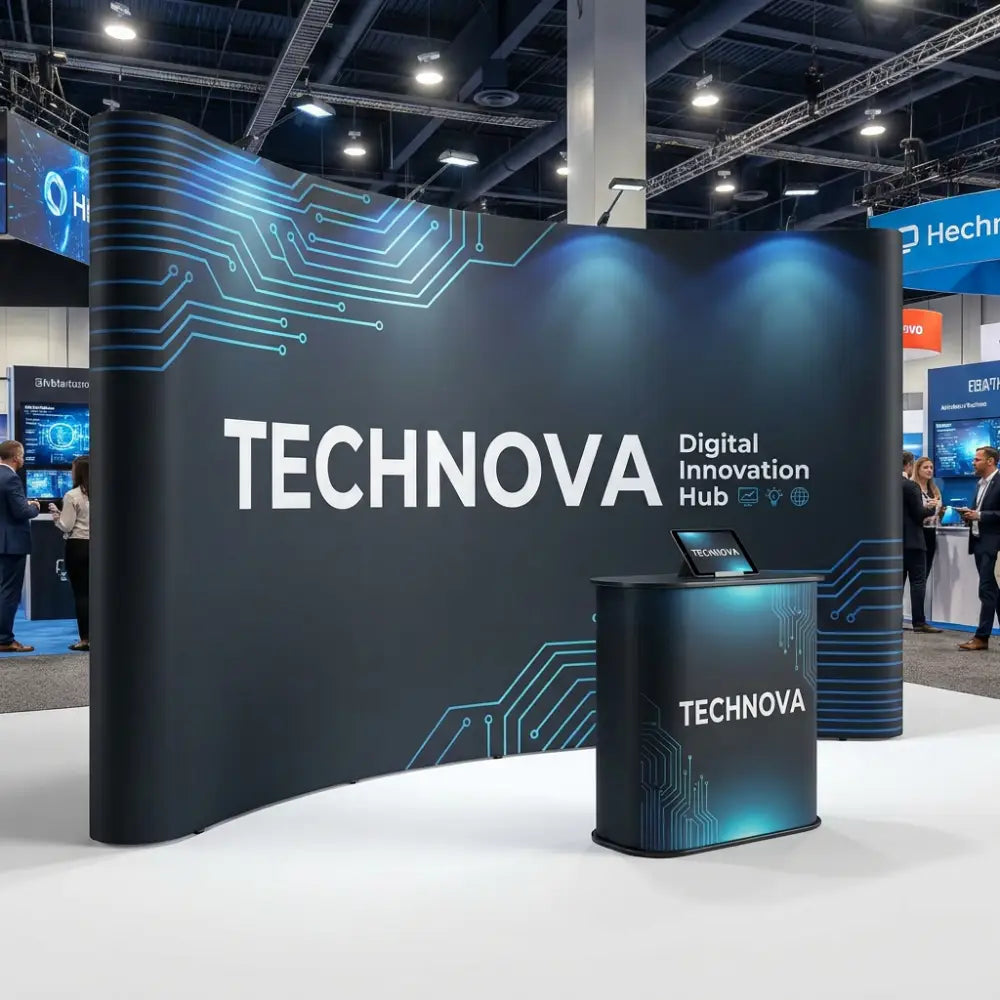 Technova digital innovation hub booth at a trade show with branding and technology-themed design.