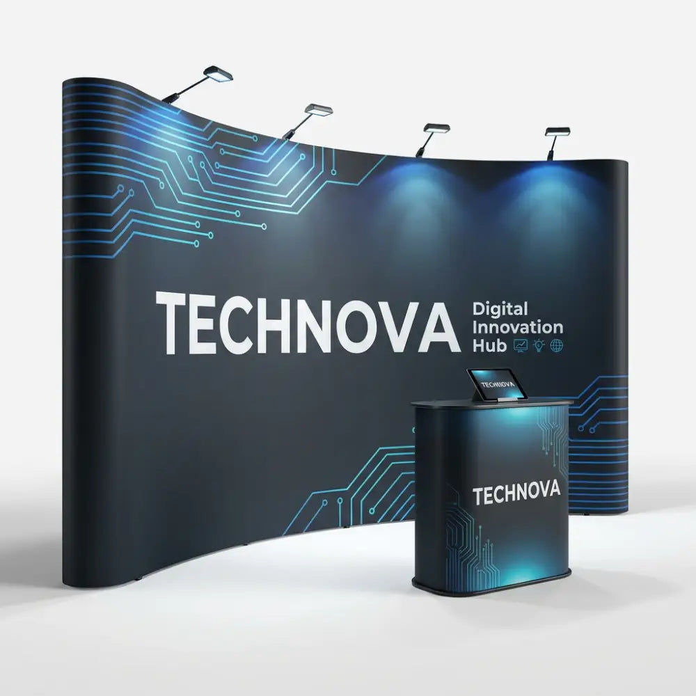 Technova digital innovation hub display with branded backdrop and table.