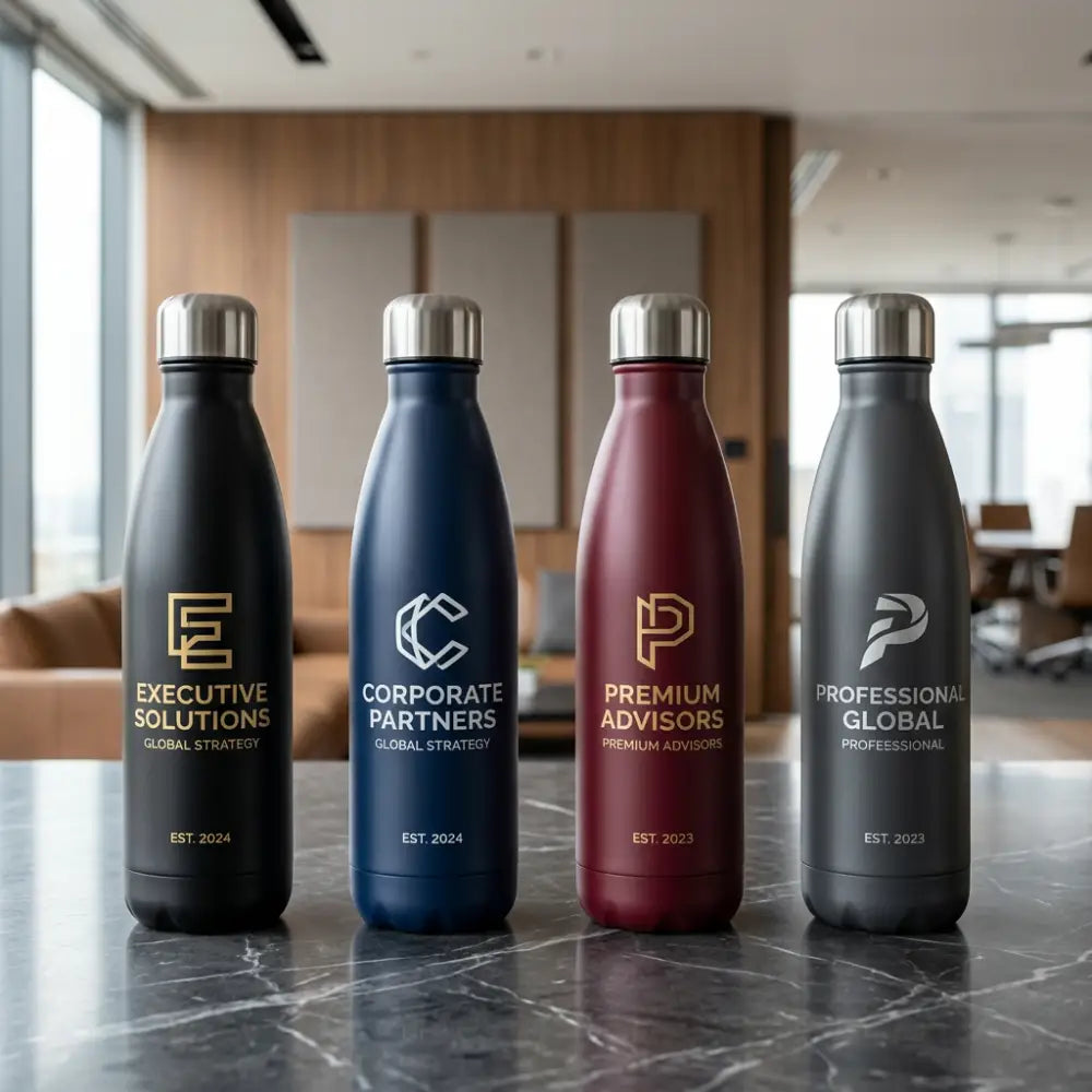 Four branded water bottles on a marble surface with office background