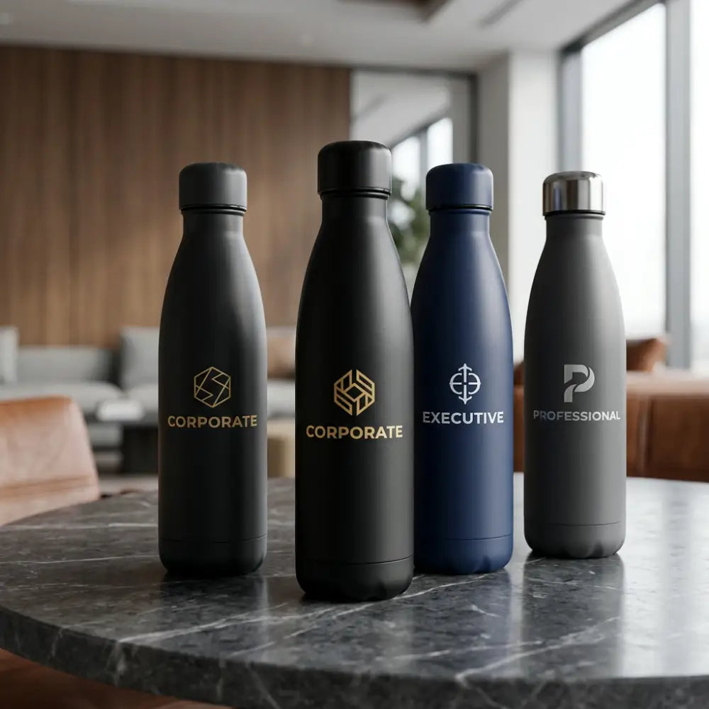 Four insulated bottles with different labels on a marble surface.