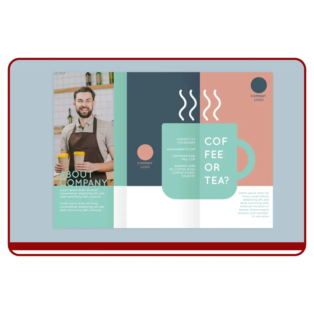 Promotional graphic with a person holding a coffee cup and text about coffee or tea.