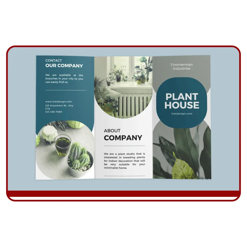 Brochure design for a plant house with contact information and images of plants.