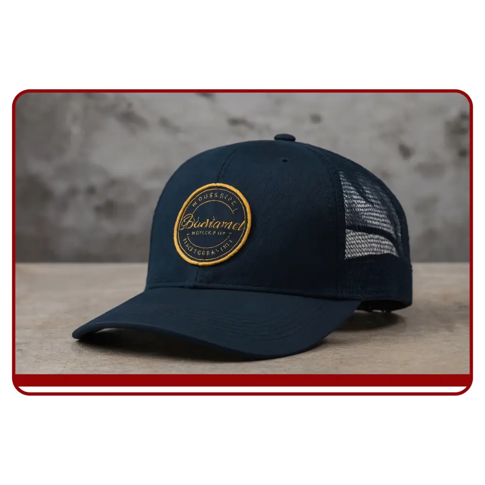 Navy blue cap with a gold patch on a wooden surface