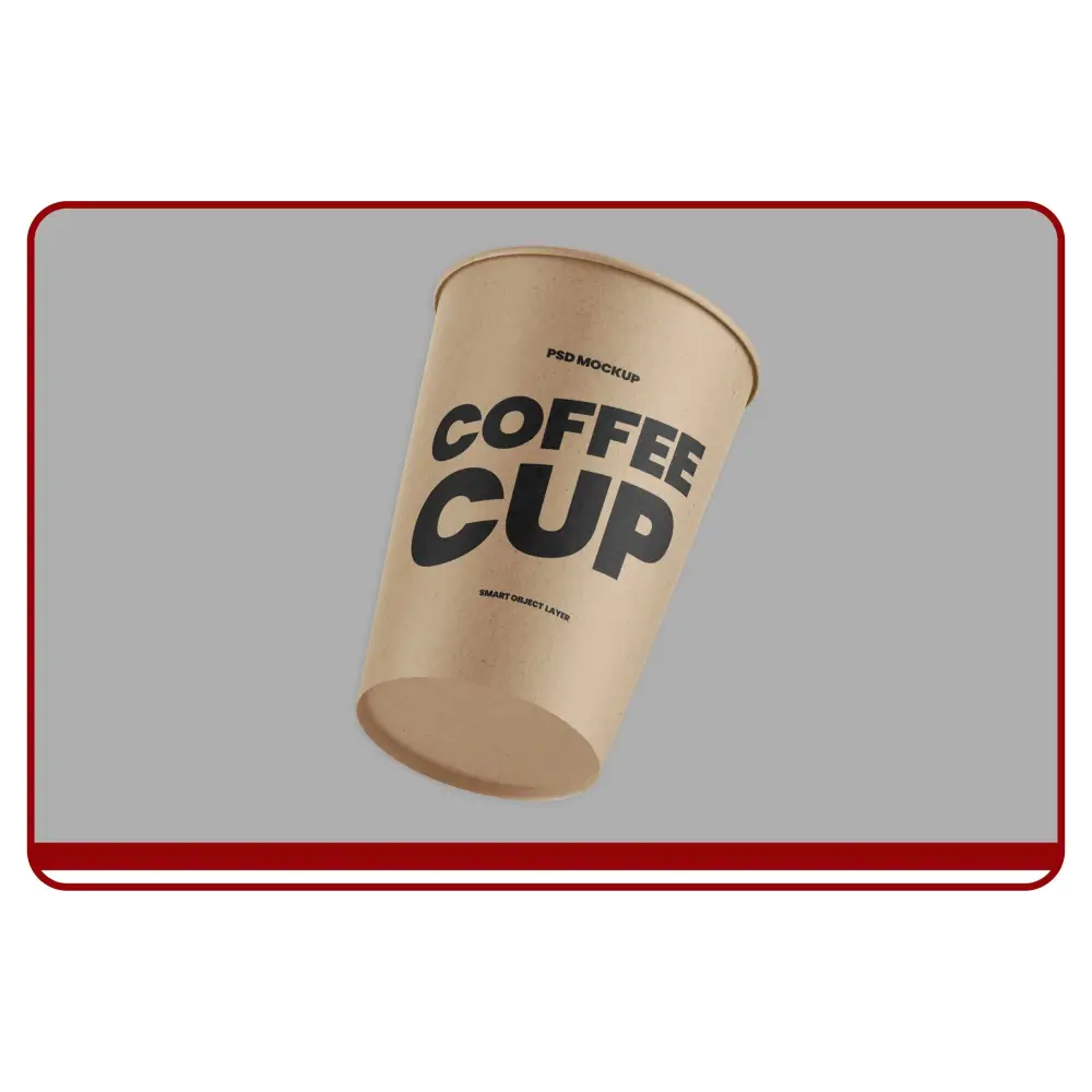 Kraft paper coffee cup with 'COFFEE CUP' text on a gray background