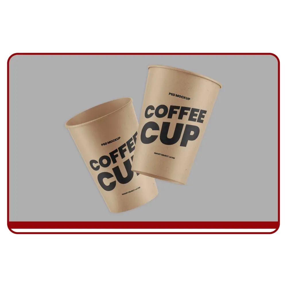 Two brown paper coffee cups with 'COFFEE CUP' text on a gray background