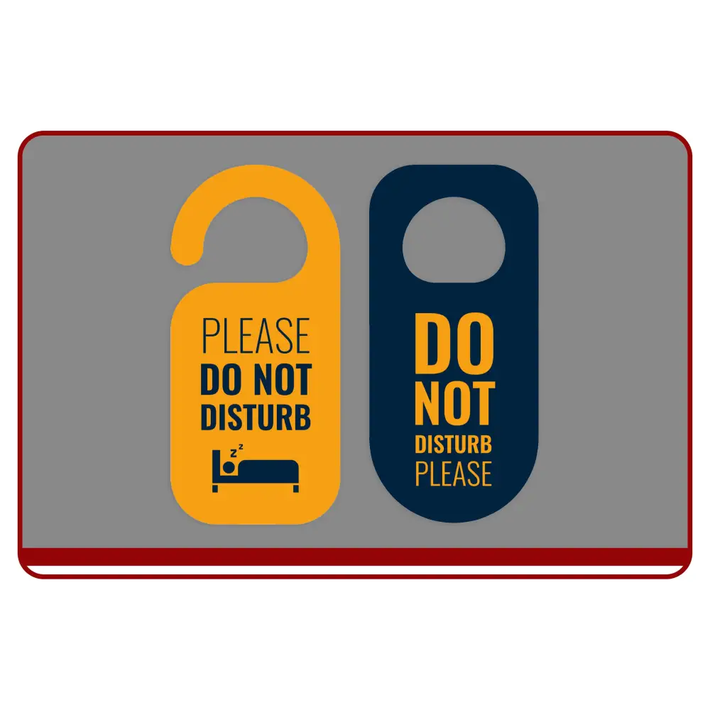 Two door hangers with 'Please Do Not Disturb' and 'Do Not Disturb Please' text on a gray background.