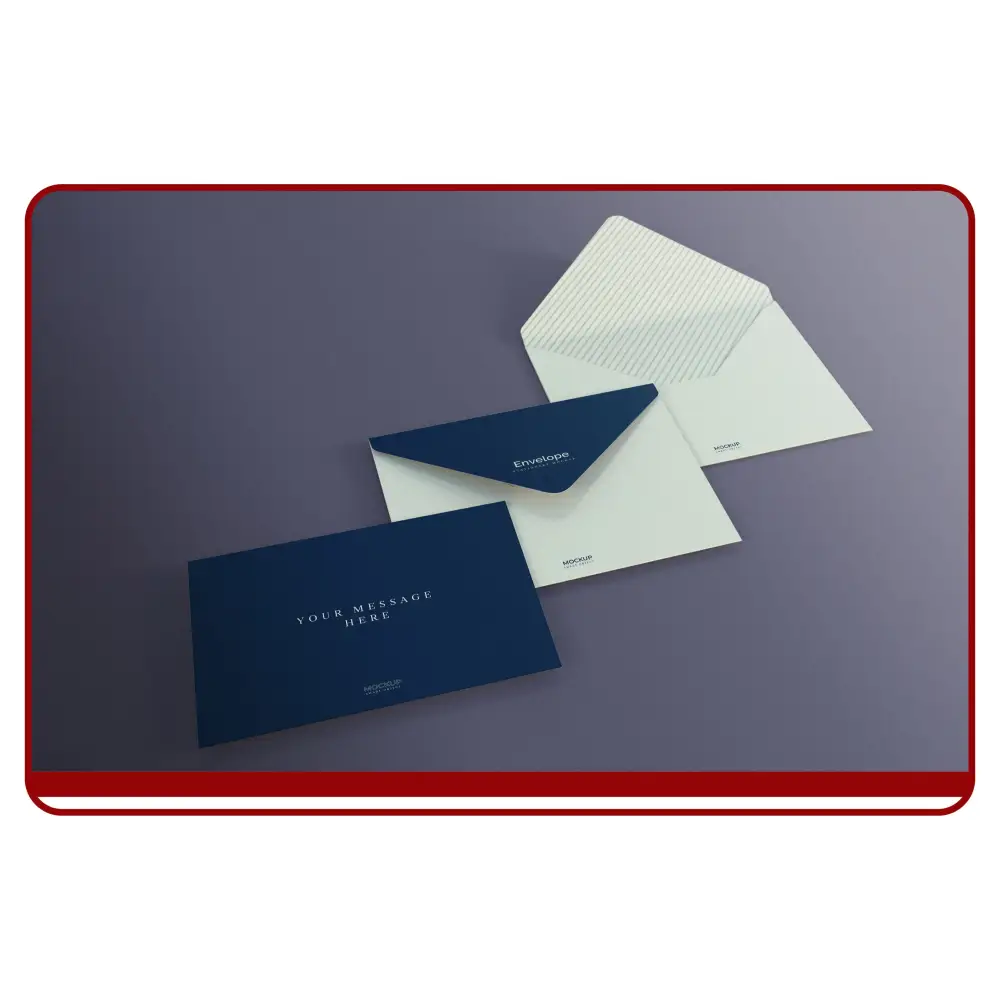 Two blue envelopes and a white card on a gray background