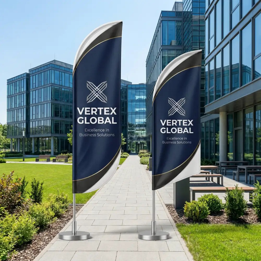 Two Vertex Global flags in front of a modern office building.