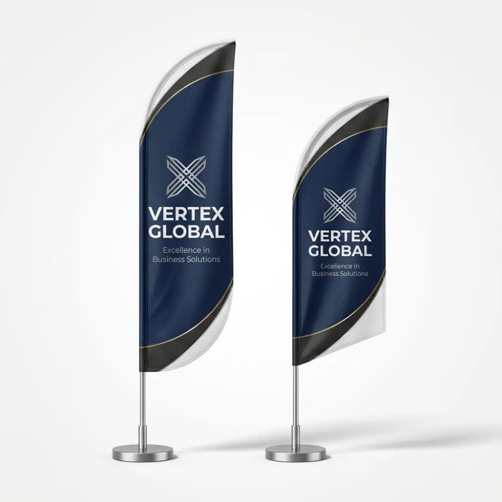Two Vertex Global flags on stands against a white background