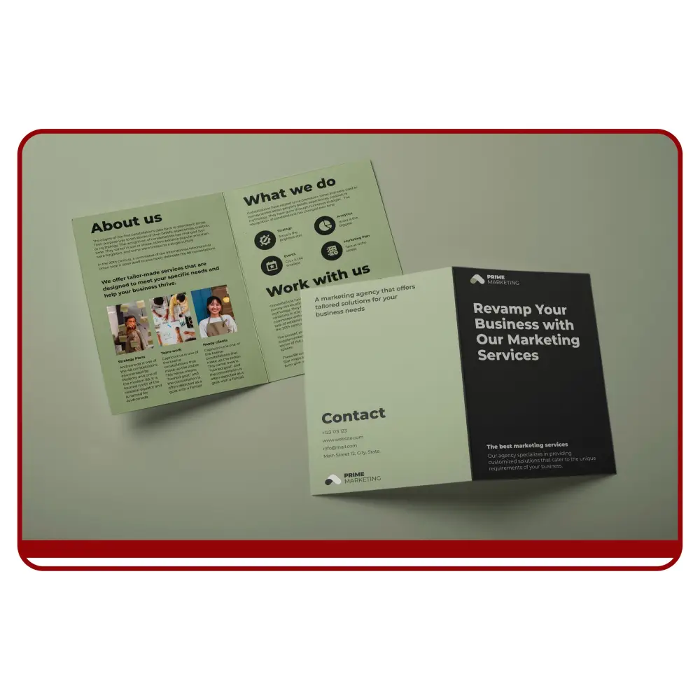 Marketing brochures on a light gray surface