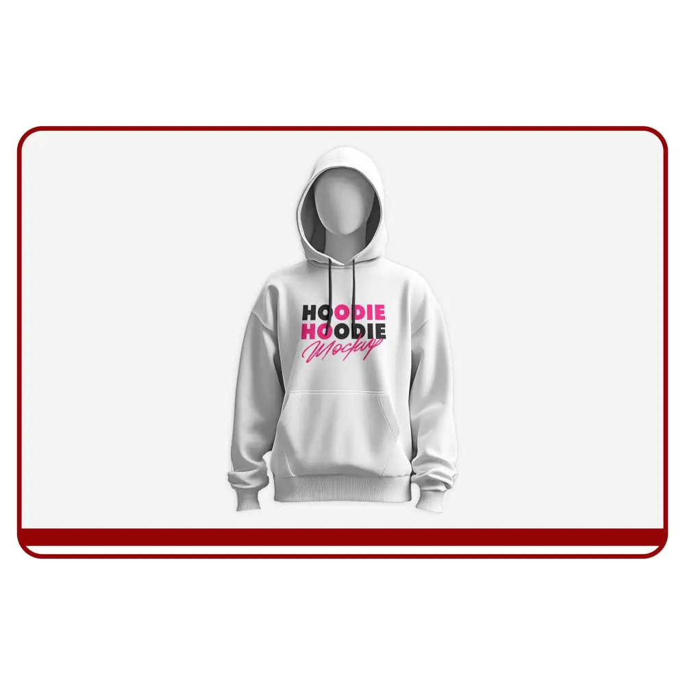 Black hoodie with design mockup text on a light gray background