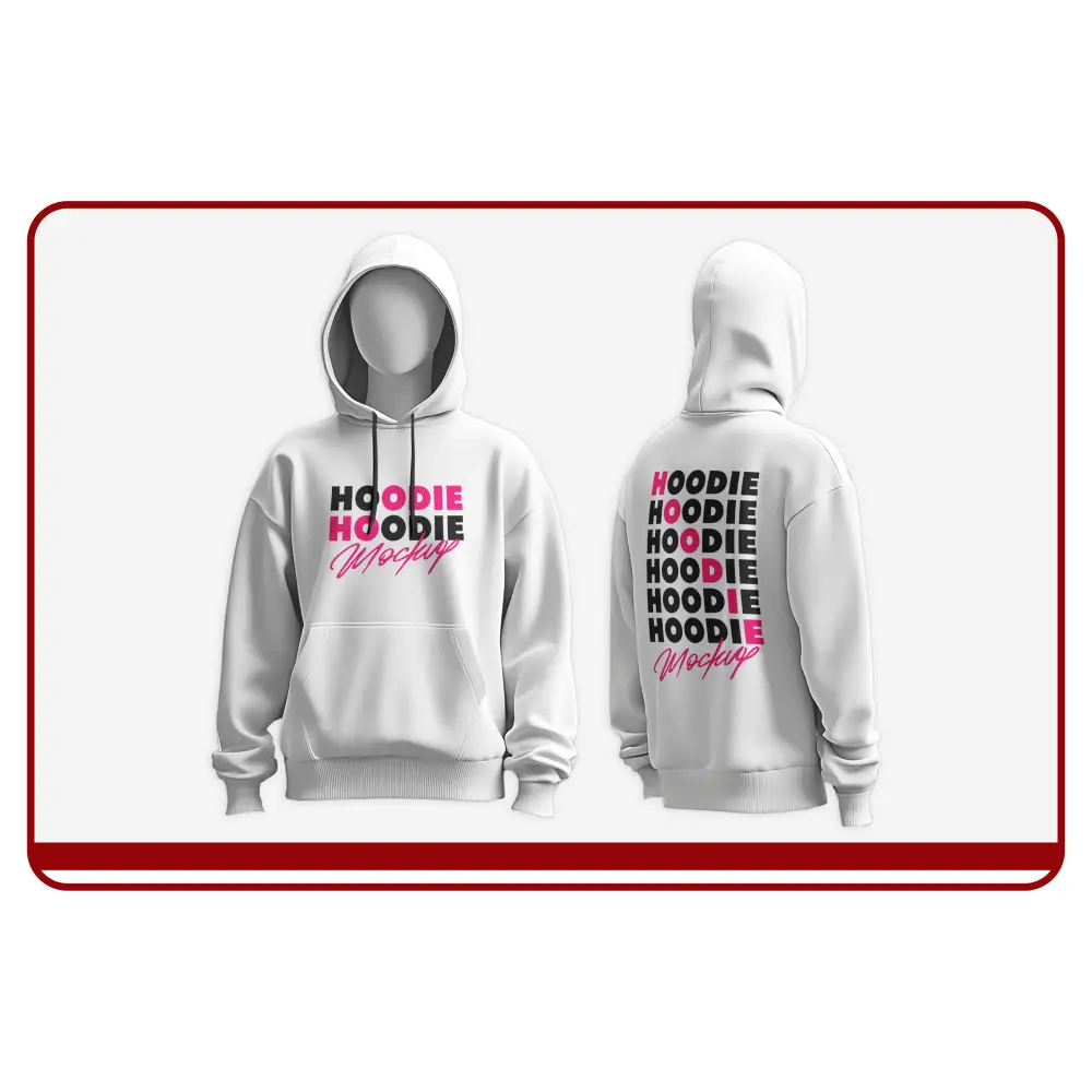 White hoodie with 'HOODIE HOODIE' text in pink and black on a white background