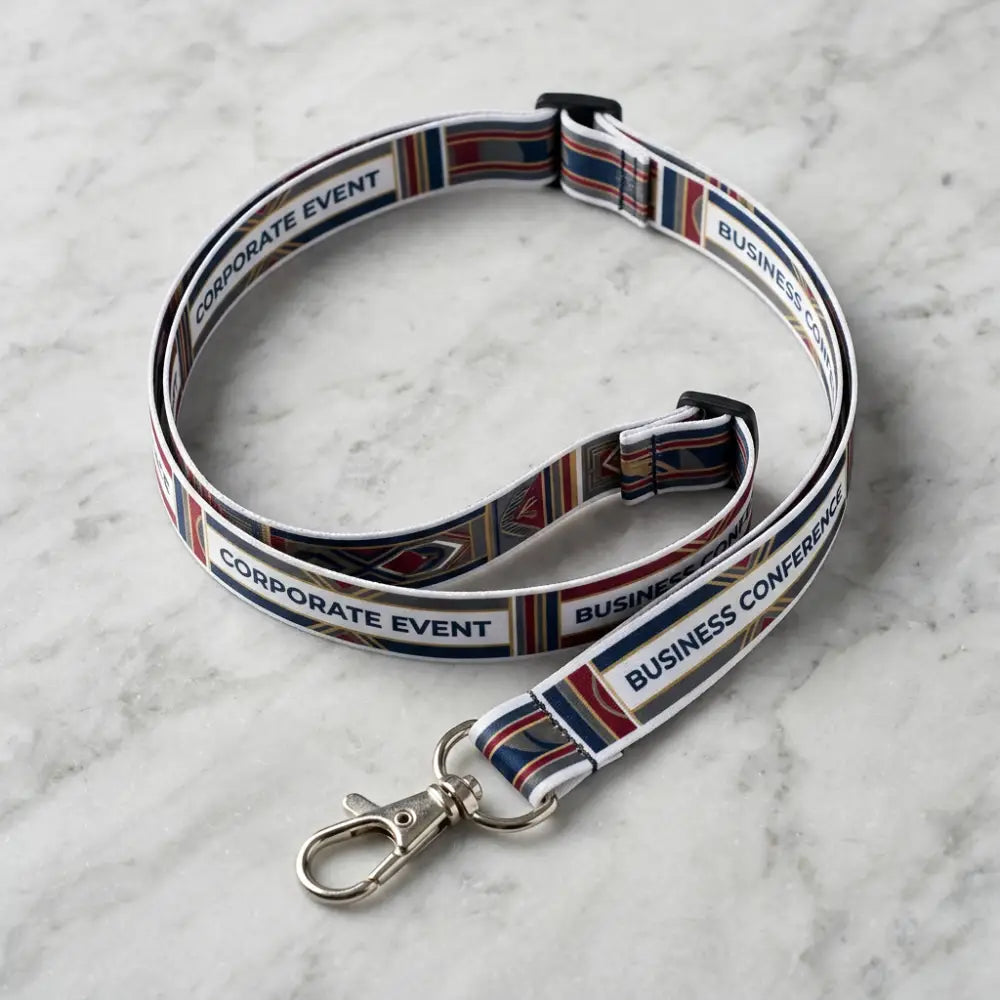 Lanyard with 'Corporate Event' and 'Business Conference' text on a marble surface