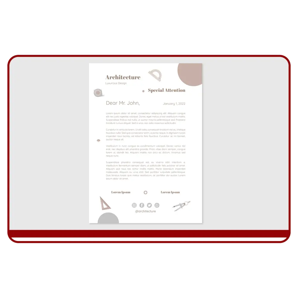 Open letter on a white background with architectural design elements