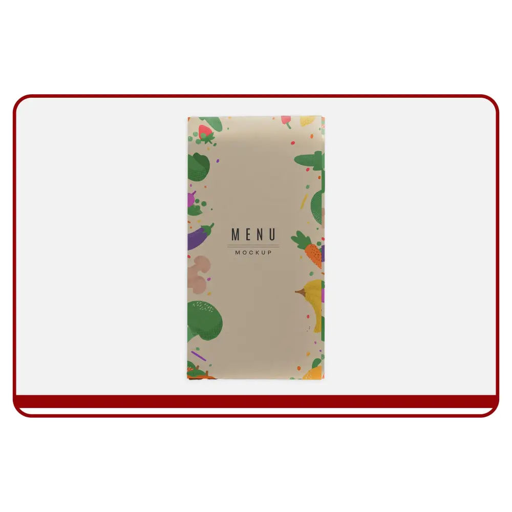 Menu mockup with colorful vegetable illustrations on a beige background