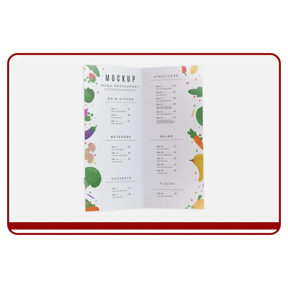 Restaurant menu mockup with colorful vegetable illustrations on a white background