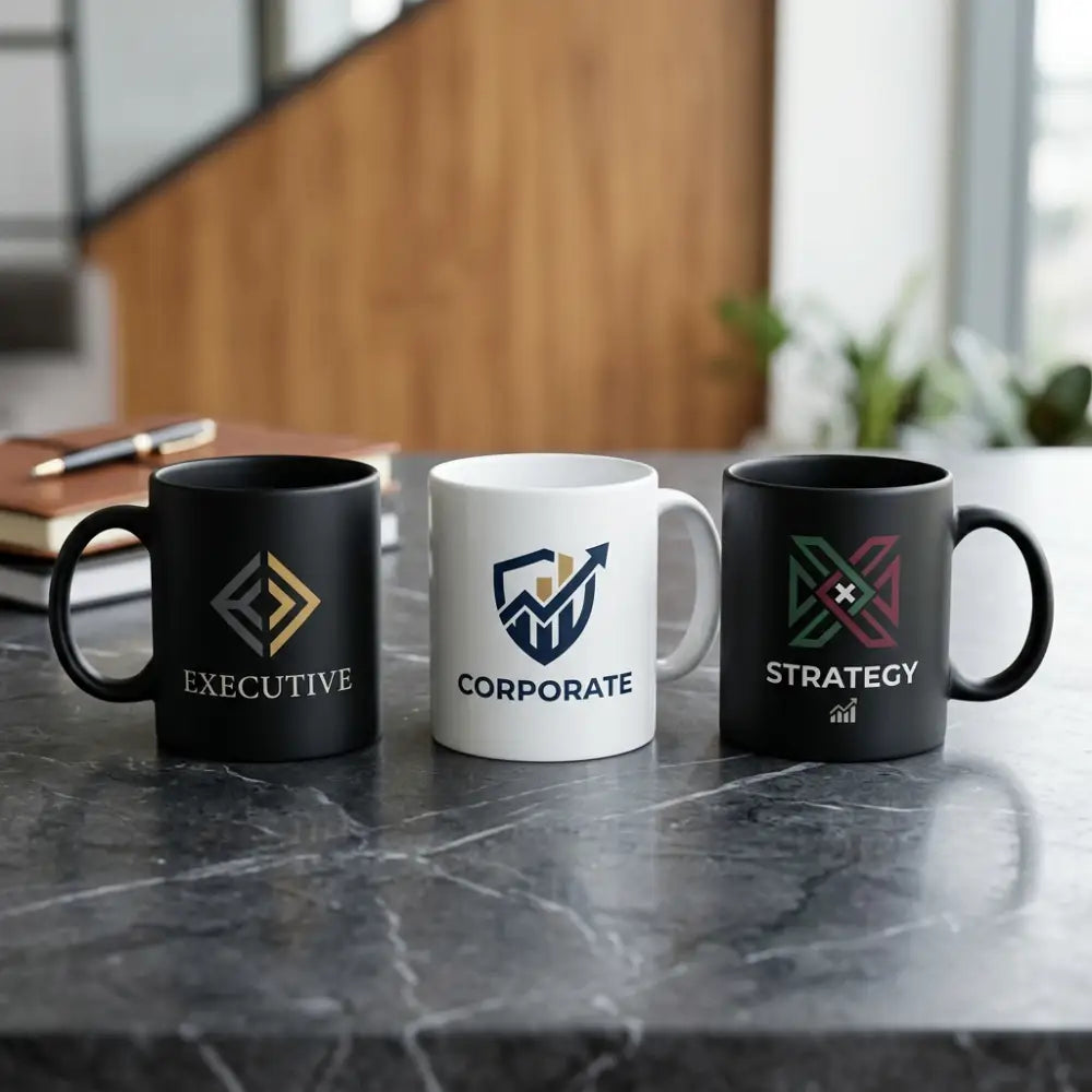 Three mugs labeled 'Executive', 'Corporate', and 'Strategy' on a marble surface.