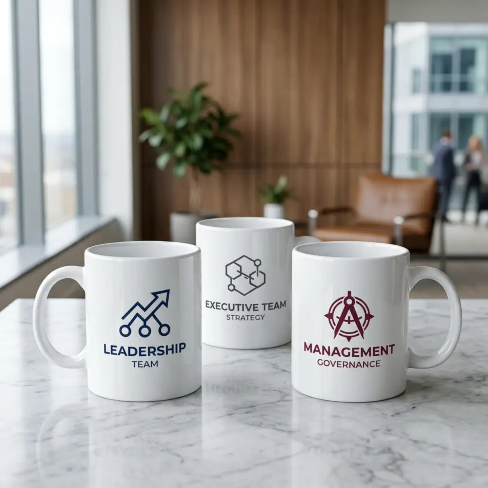 Three white mugs with professional-themed designs on a marble surface in an office setting.