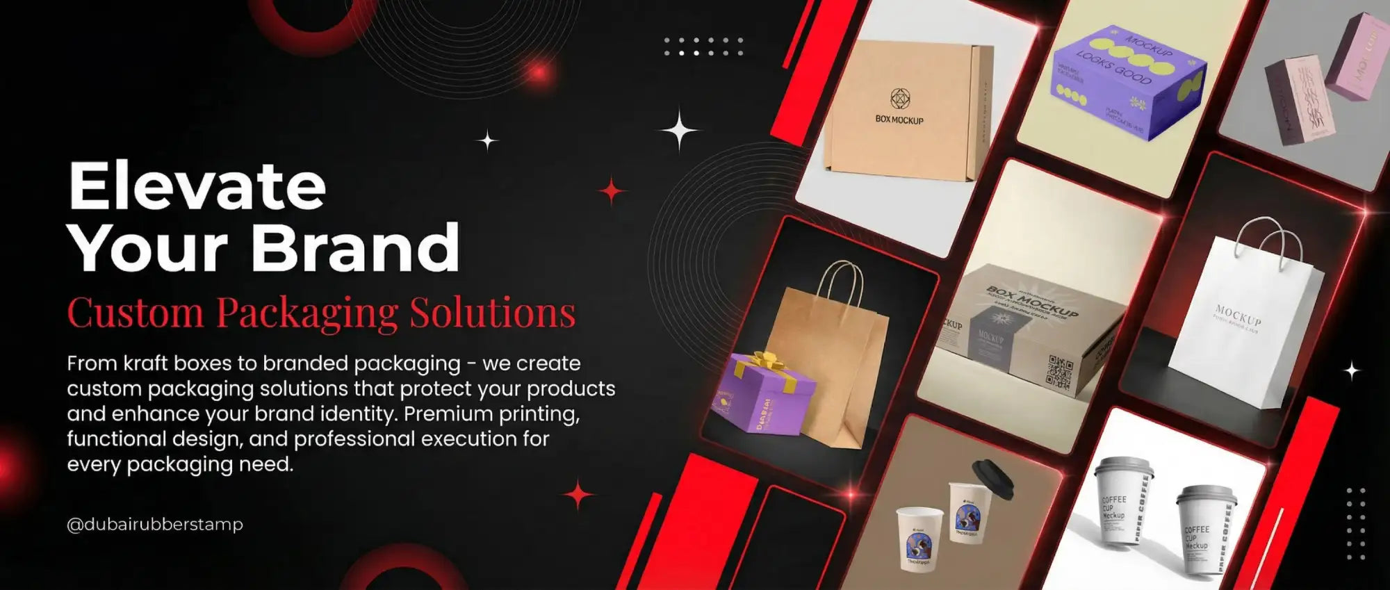 Custom packaging solutions featuring a variety of branded boxes, bags, and cups in different colors like brown kraft, purple, white, and beige.