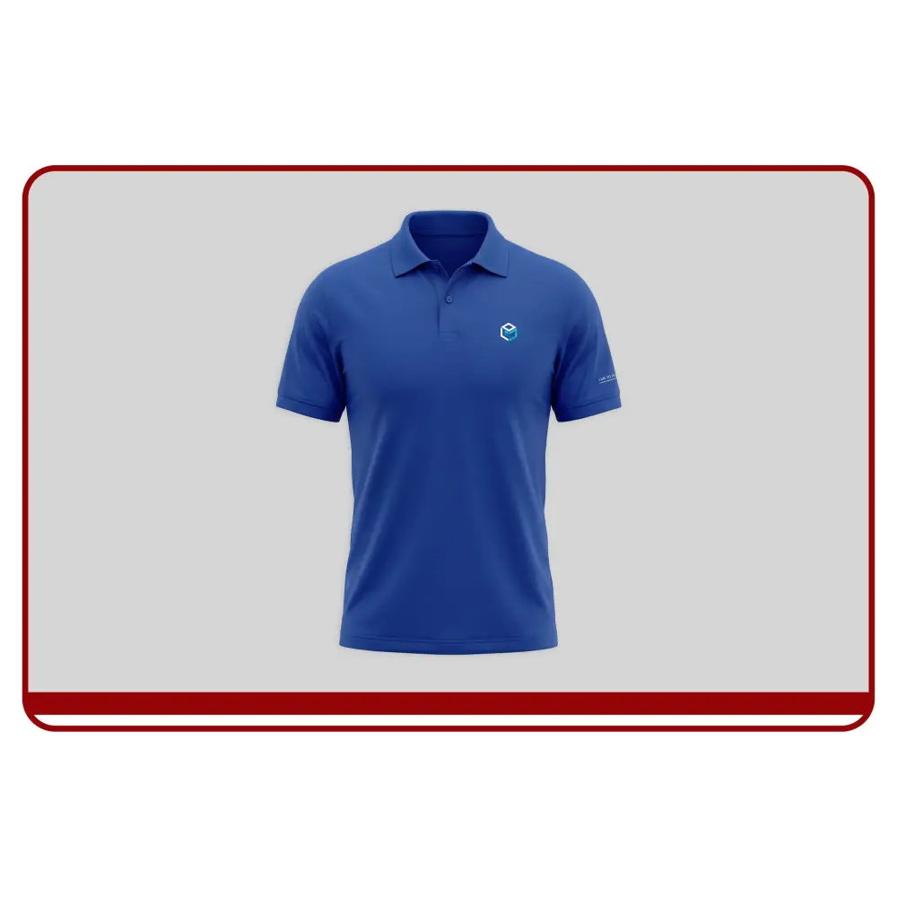 Blue polo shirt with a logo on a gray background