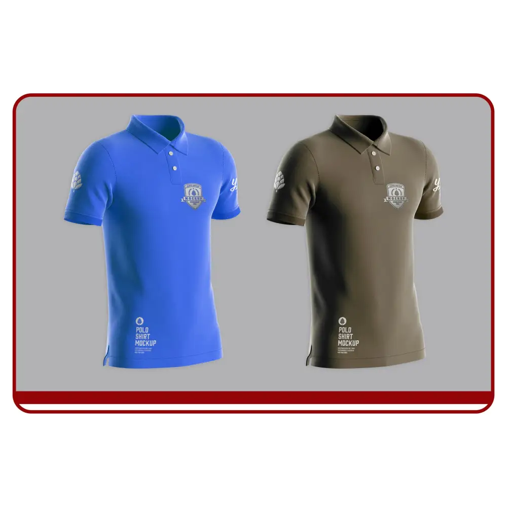 Blue and brown polo shirts with logos on a gray background