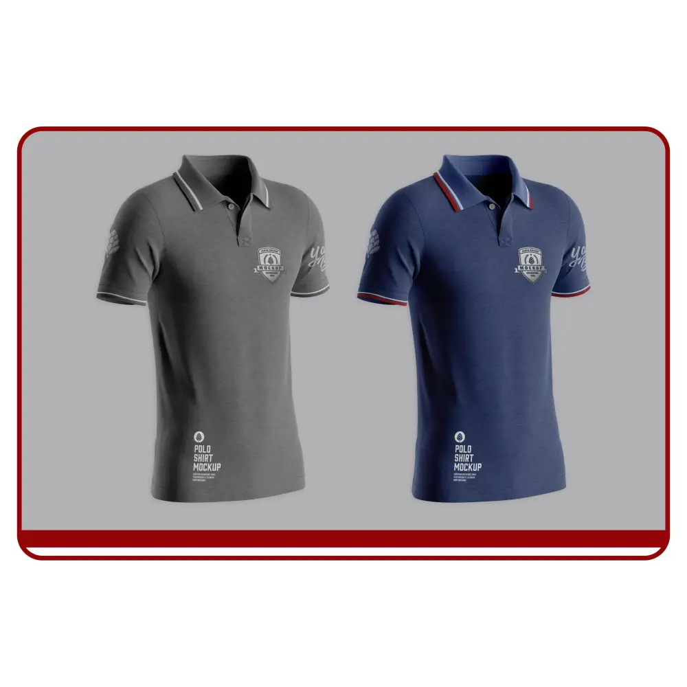 Gray and blue polo shirts with brand logos on a gray background