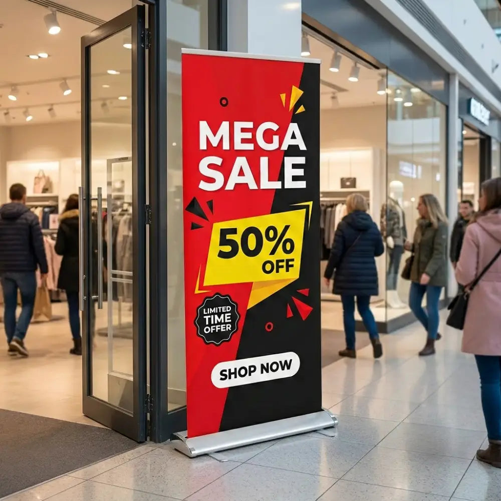 Mega sale sign with 50% off offer in a shopping mall.