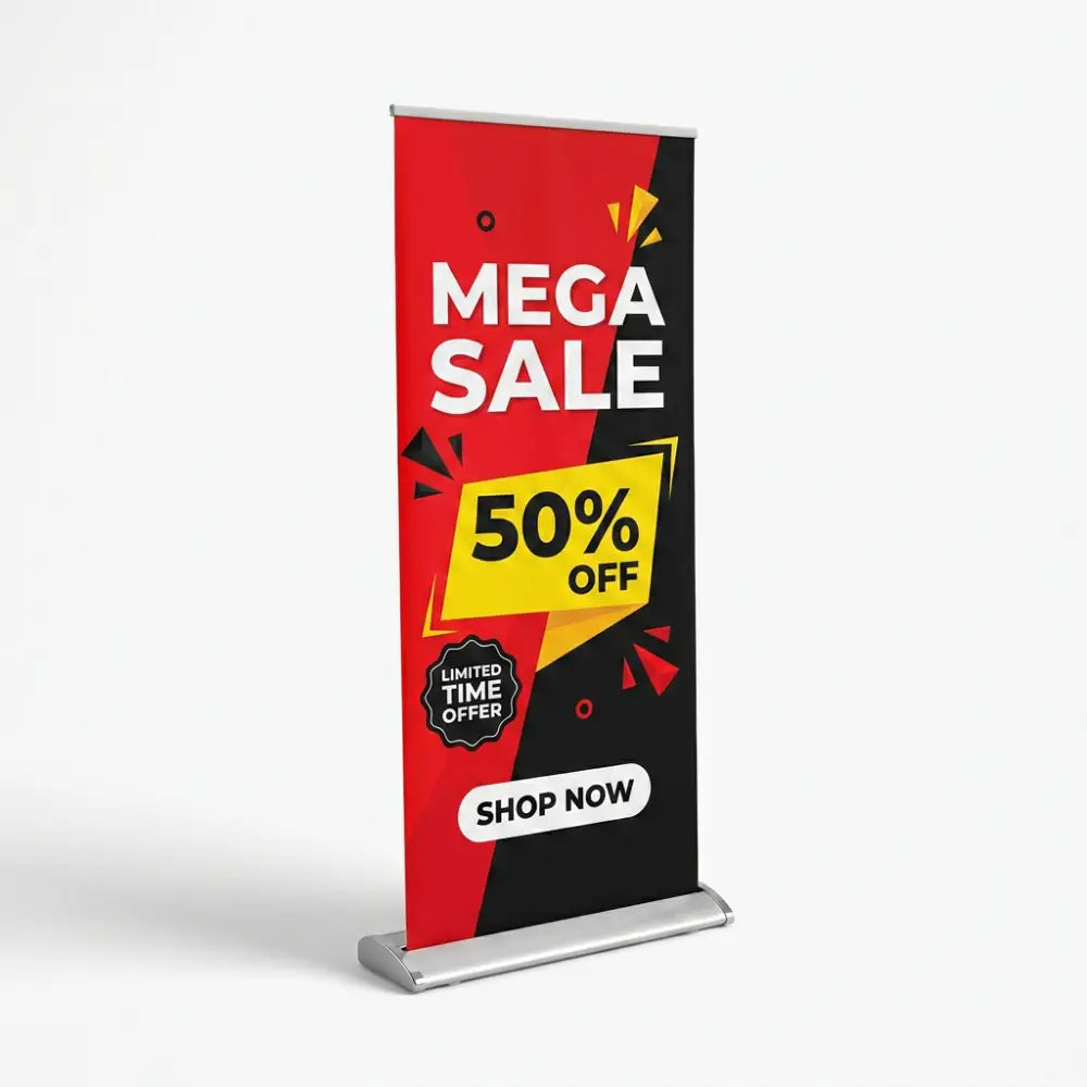 Mega sale banner with 50% off offer on a white background