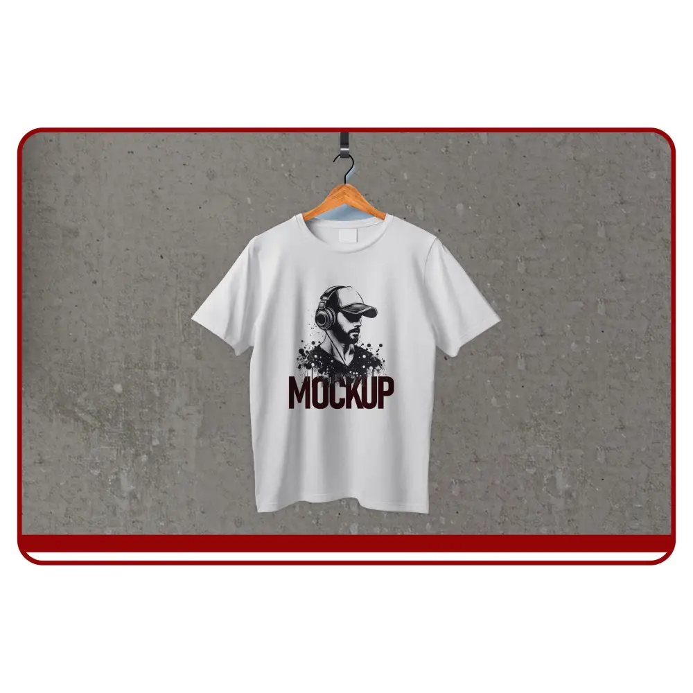 White t-shirt with a graphic design on a wooden hanger against a gray background