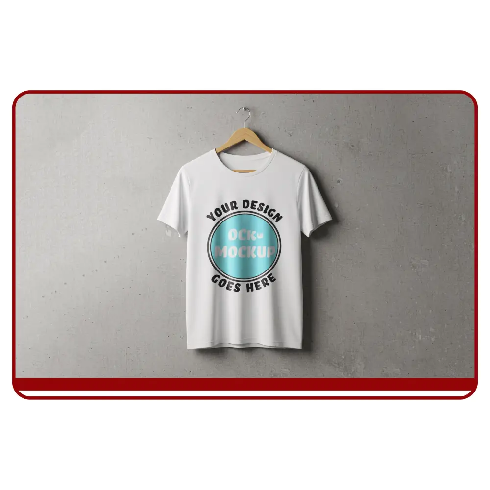 White t-shirt on a hanger with 'Your design goes here' text on a gray background