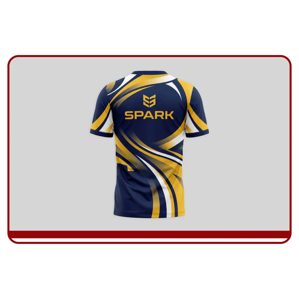 Blue and yellow sports jersey with 'SPARK' branding on a gray background
