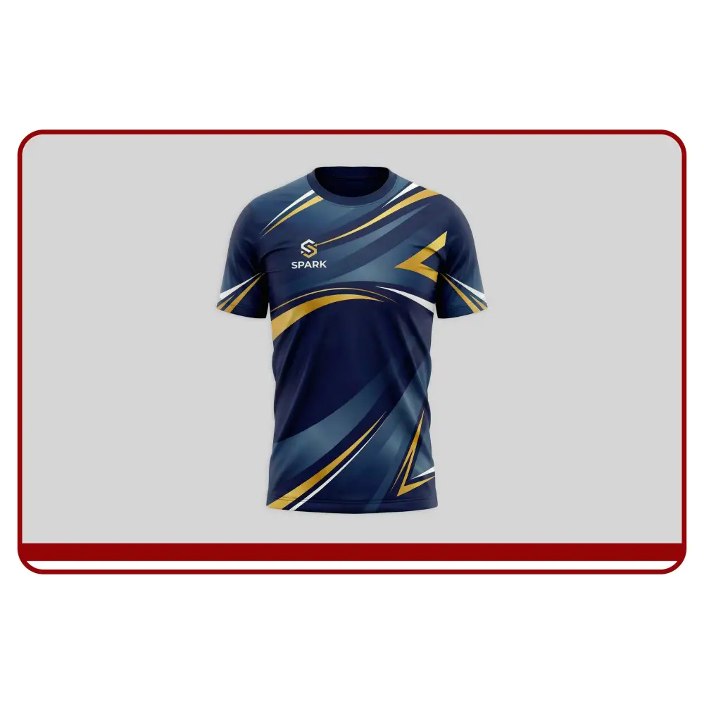 Navy blue sports jersey with gold accents on a light gray background