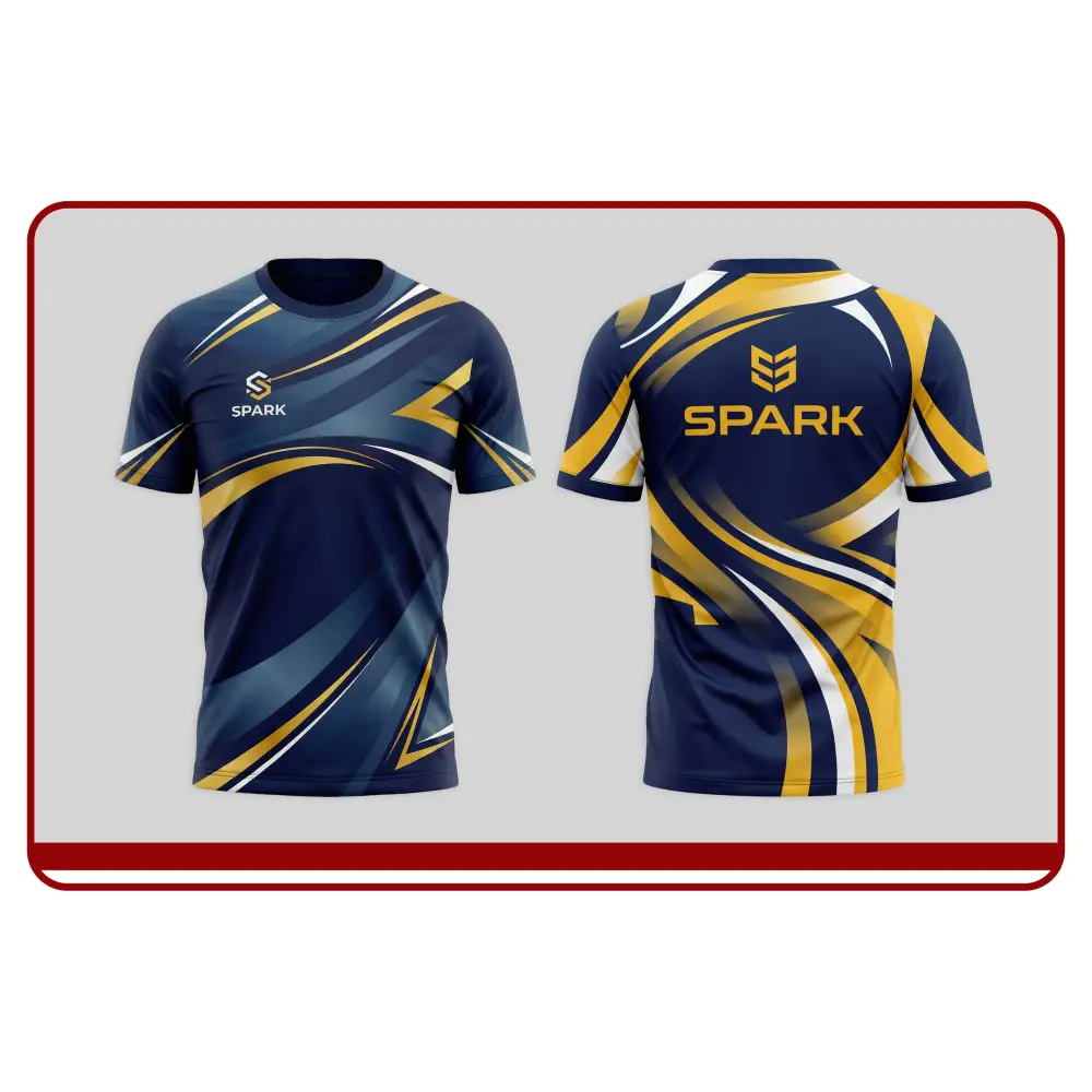 Blue and yellow sports jersey with 'Spark' branding on a light gray background