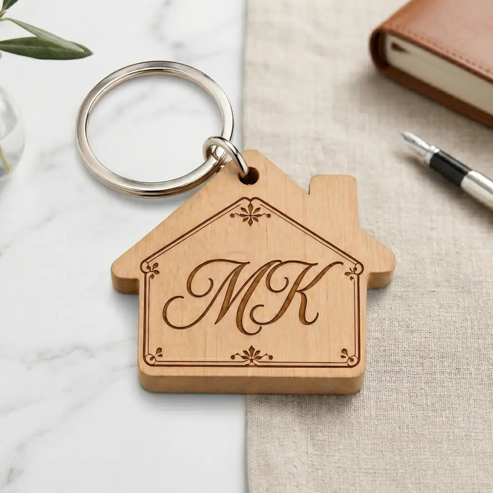 Wooden house-shaped keychain with 'MK' engraving on a marble surface.
