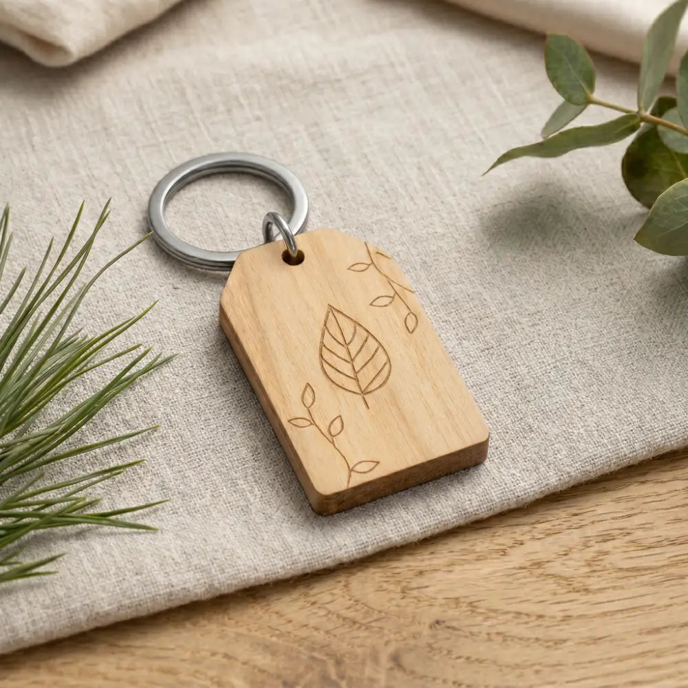 Wooden keychain with leaf design on a beige fabric background