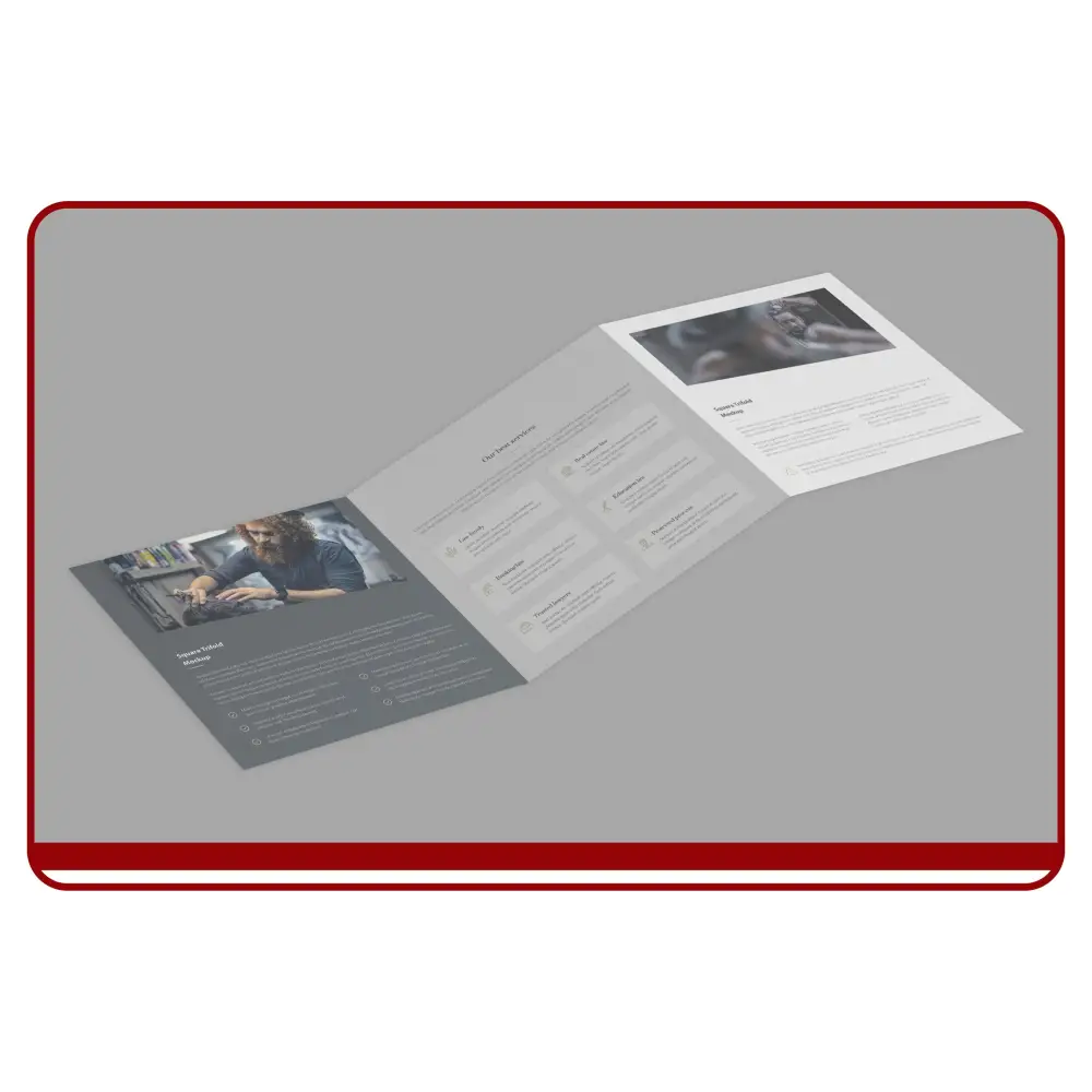 Open brochure with text and images on a gray background