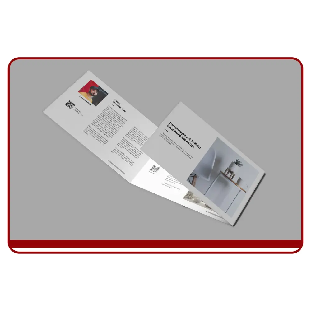 Open brochure on a gray surface with text and images.