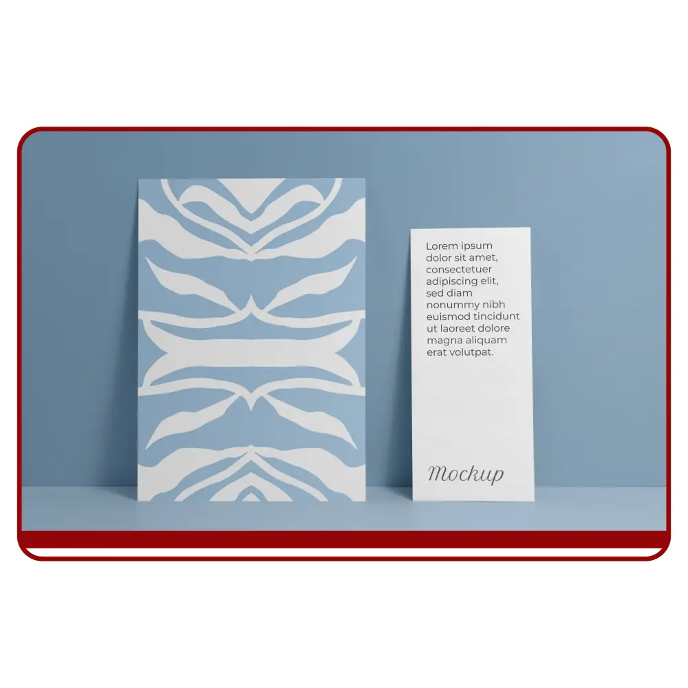 Design mockup with blue patterned card and white text card on a blue background