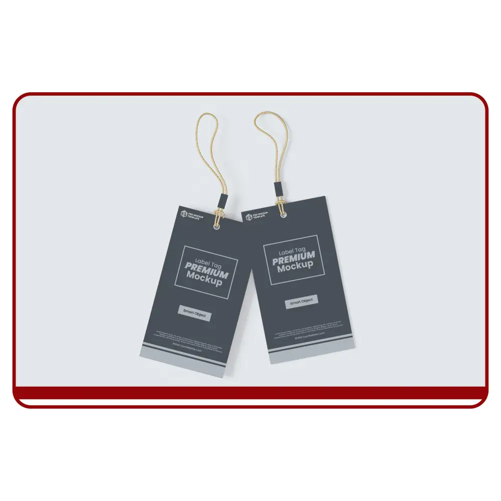 Two gray product tags with gold strings on a white background