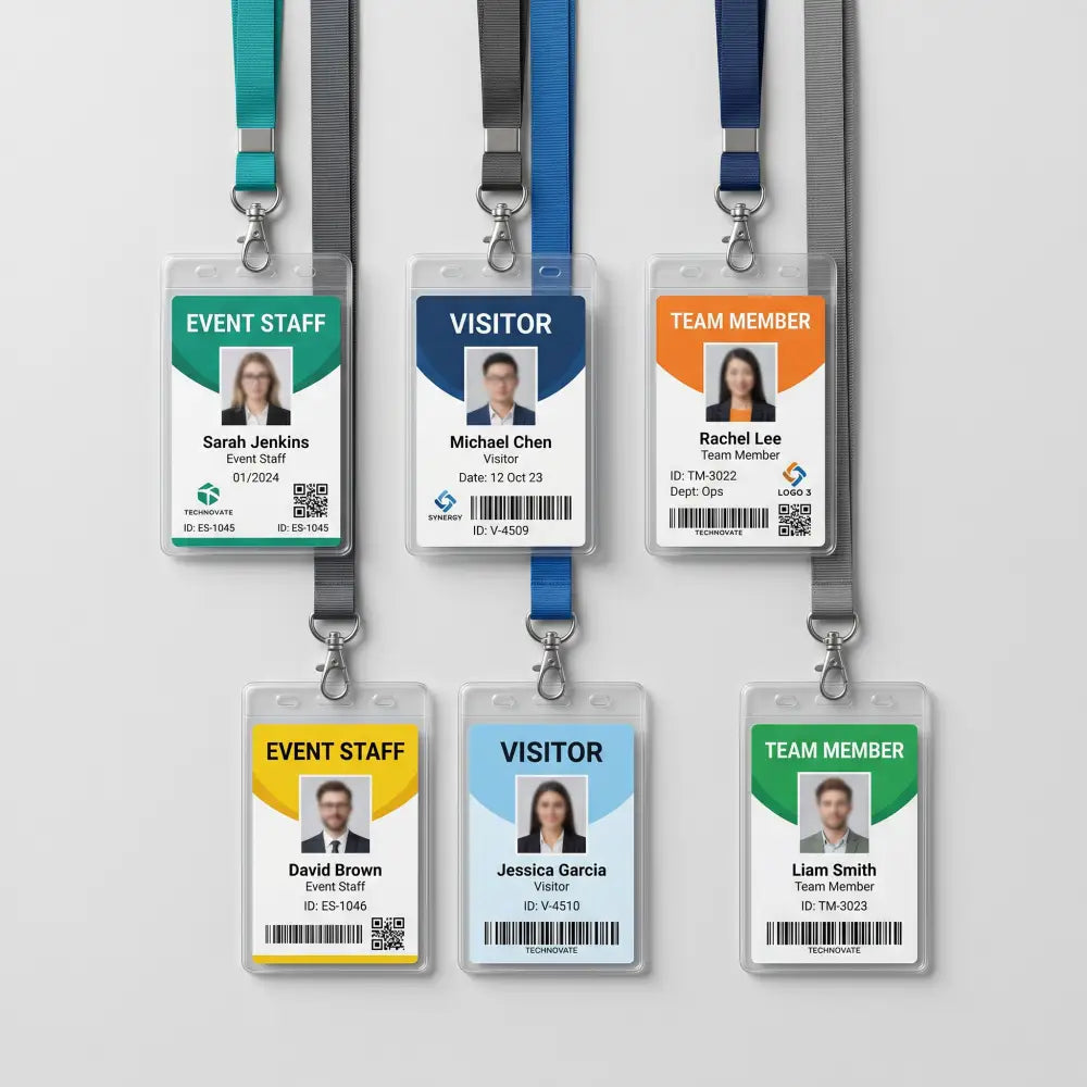 Set of employee badges with different roles on a white background