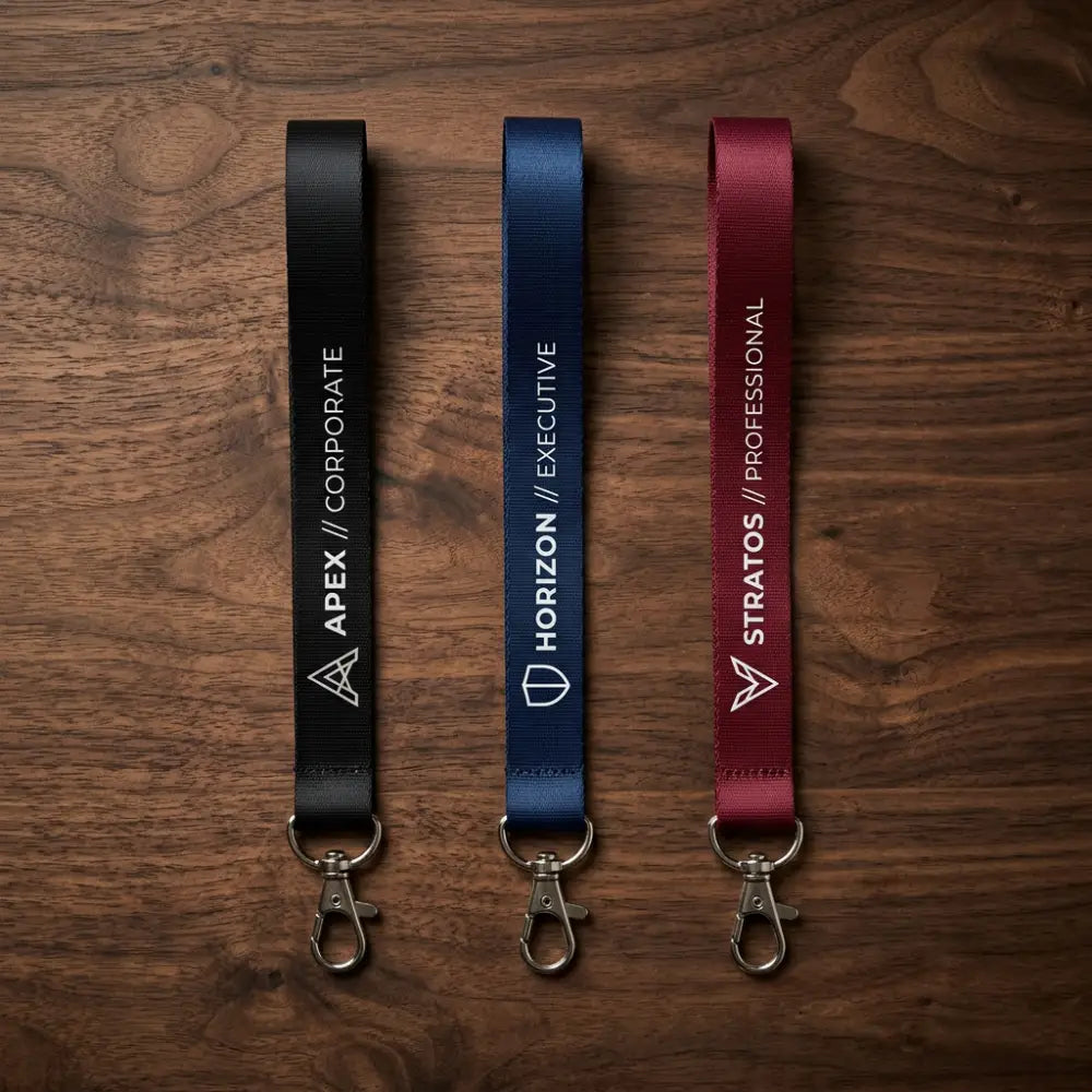 Three lanyards with 'Apex Corporate', 'Horizon Executive', and 'Stratos Professional' branding on a wooden surface.