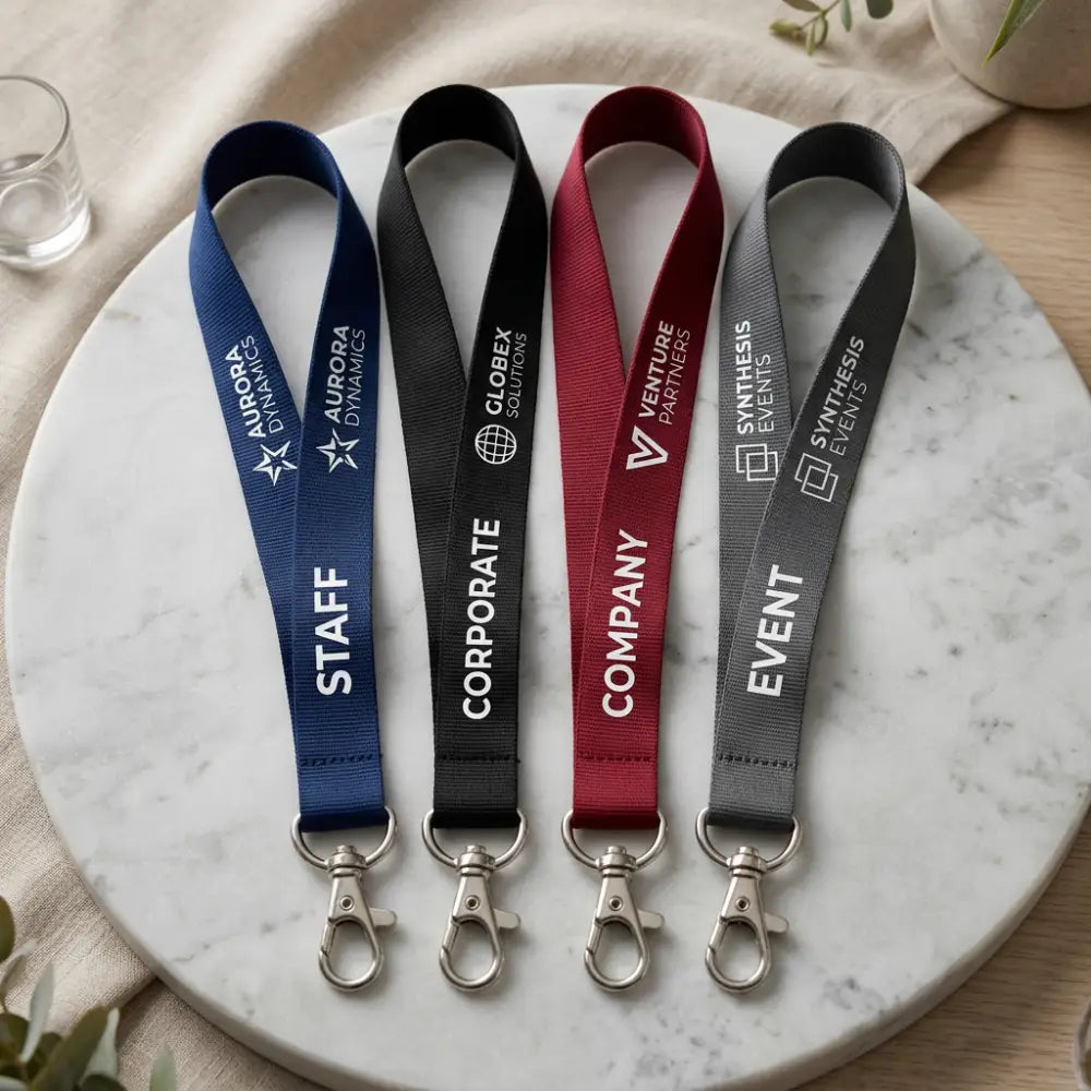 Five branded lanyards on a marble surface with visible branding.