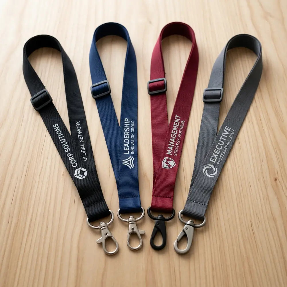 Four lanyards with different color options and branding on a wooden surface