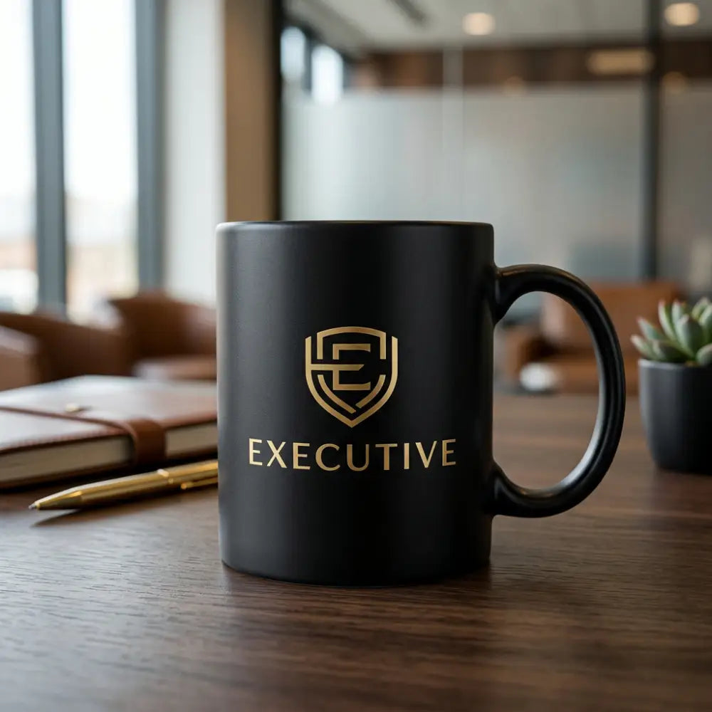 Black mug with 'Executive' logo on a wooden desk in an office setting