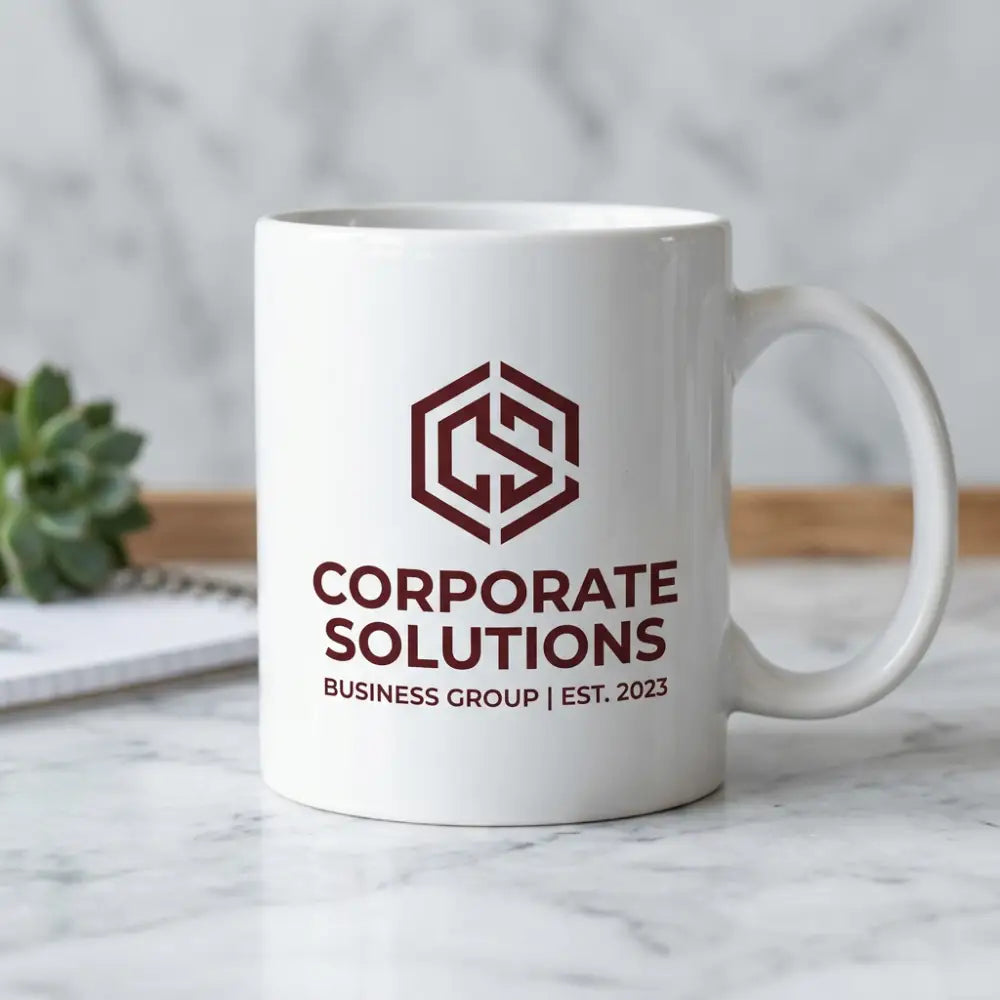 White mug with 'Corporate Solutions Business Group' logo on a marble surface