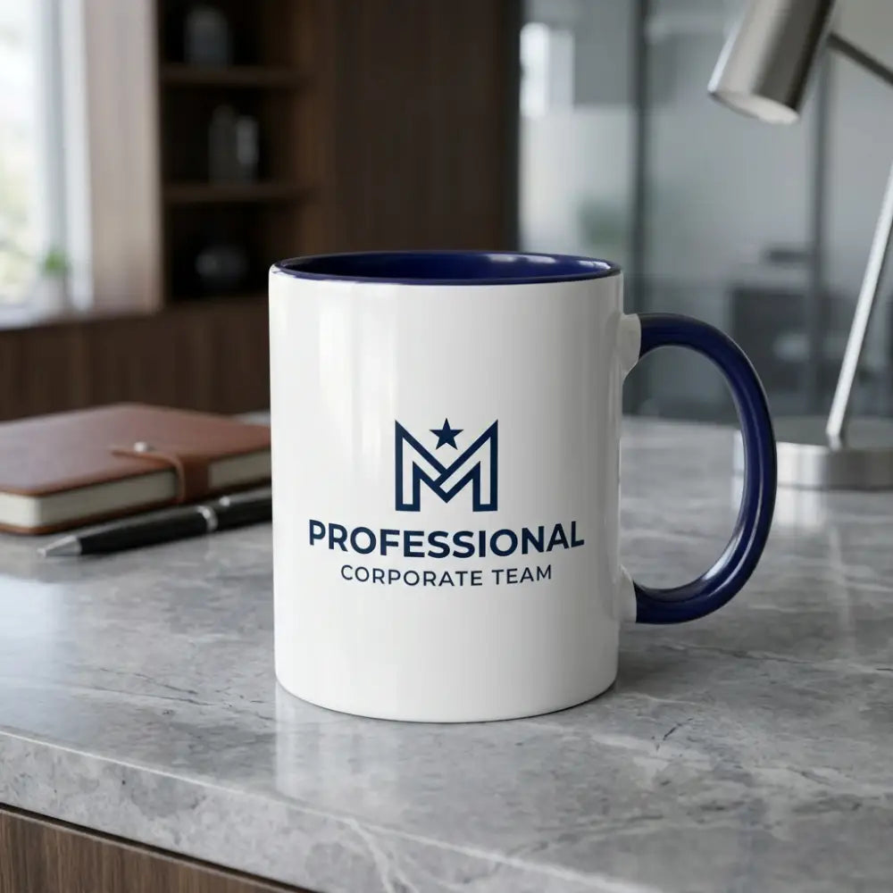 White mug with blue interior and handle on a desk, featuring 'Professional Corporate Team' logo.