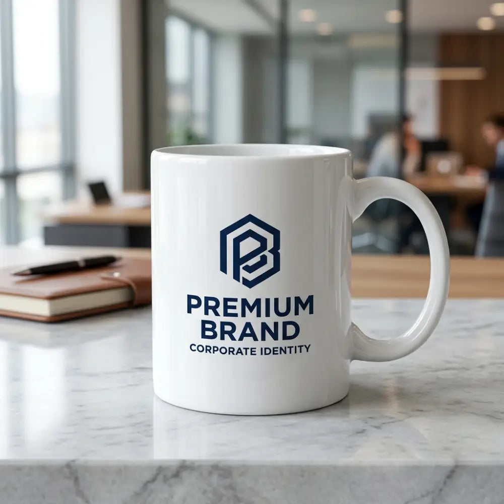 White mug with a blue logo and text on a marble surface in an office setting